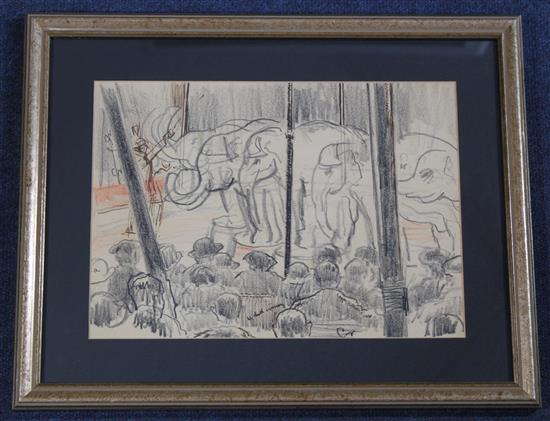 § Clifford Hall (1904-1973) Circus ring with elephants, 8.5 x 12.25in.